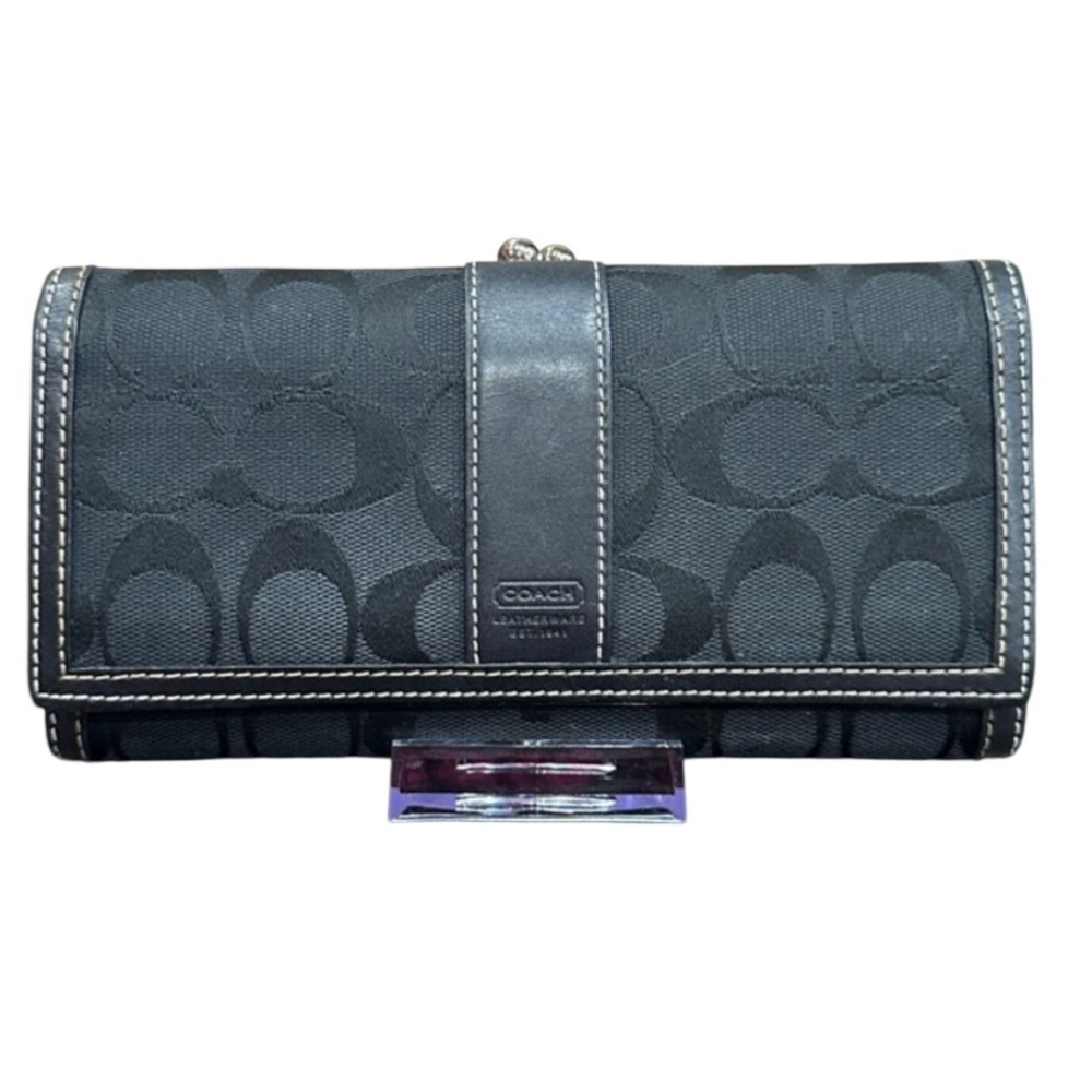Coach Black Signature Jacquard Trifold Wallet with Kisslock